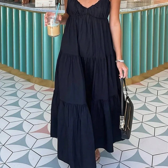 Navy Blue Casual Women's Loose Spaghetti Strap Flutter Sleeve Midi Dress - Picture 2 of 7